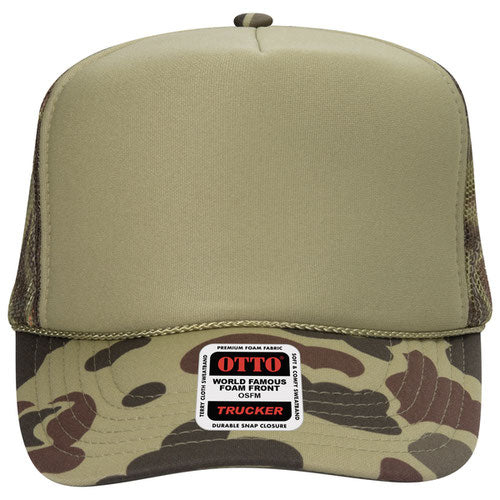 Otto Cap 5 Panel High Crown Mesh Back Trucker Hat - Light Olive & Camouflage