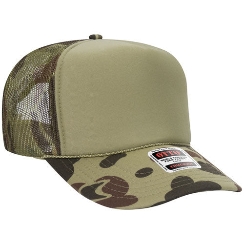 Otto Cap 5 Panel High Crown Mesh Back Trucker Hat - Light Olive & Camouflage