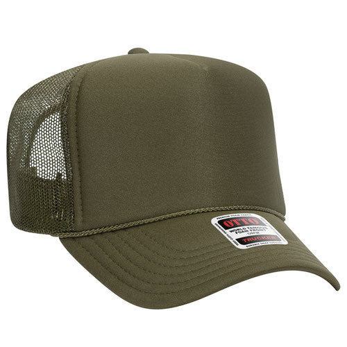 Otto Cap 5 Panel High Crown Mesh Back Trucker Hat - Olive Green