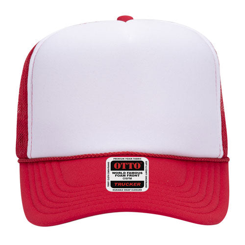 Otto Cap 5 Panel High Crown Mesh Back Trucker Hat - Red & White