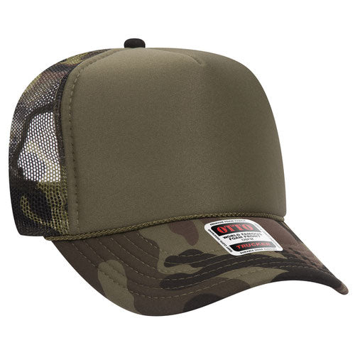 Otto Cap 5 Panel High Crown Mesh Back Trucker Hat - Olive & Camouflage