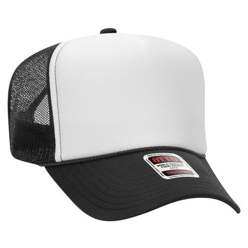 Otto Cap 5 Panel High Crown Mesh Back Trucker Hat - Black & White