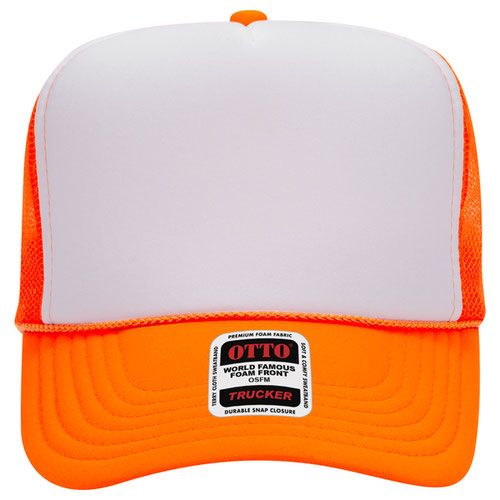 Otto Cap 5 Panel High Crown Mesh Back Trucker Hat - Neon Orange & White