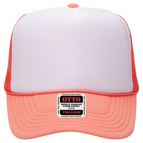 Otto Cap 5 Panel High Crown Mesh Back Trucker Hat - Coral & White