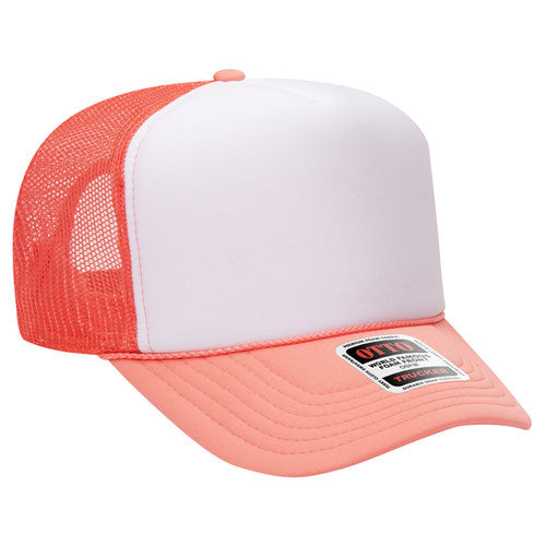 Otto Cap 5 Panel High Crown Mesh Back Trucker Hat - Coral & White