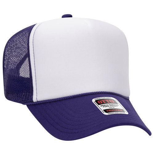Otto Cap 5 Panel High Crown Mesh Back Trucker Hat - Purple & White