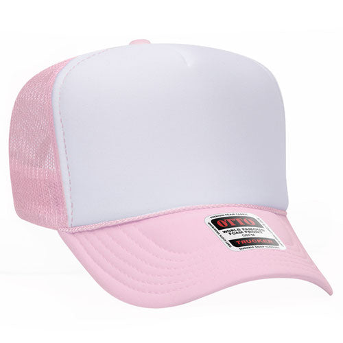 Otto Cap 5 Panel High Crown Mesh Back Trucker Hat - Soft Pink & White