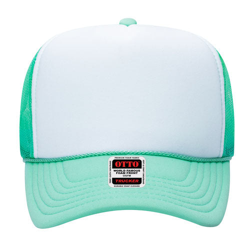 Otto Cap 5 Panel High Crown Mesh Back Trucker Hat - Seafoam Green & White