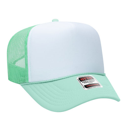 Otto Cap 5 Panel High Crown Mesh Back Trucker Hat - Seafoam Green & White