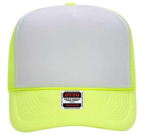 Otto Cap 5 Panel High Crown Mesh Back Trucker Hat - Neon Yellow & White