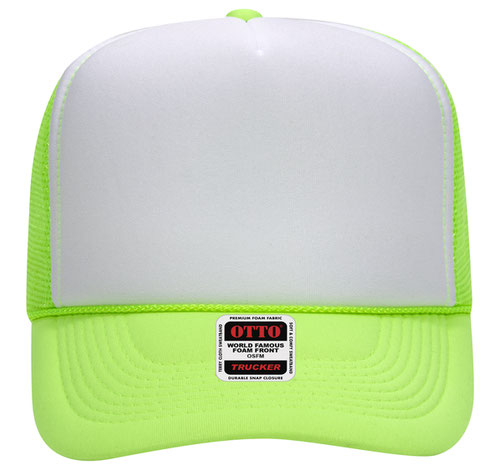 Otto Cap 5 Panel High Crown Mesh Back Trucker Hat - Neon Green & White
