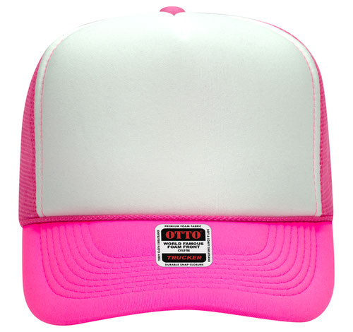 Otto Cap 5 Panel High Crown Mesh Back Trucker Hat - Neon Pink & White