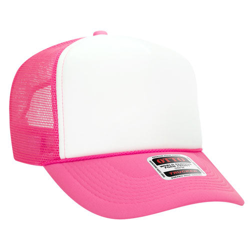 Otto Cap 5 Panel High Crown Mesh Back Trucker Hat - Neon Pink & White