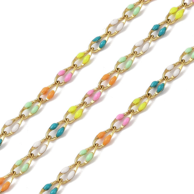 Pastel Rainbow Enamel Gold Link Chain By the Foot - Ion Plated Stainless Steel & Enamel