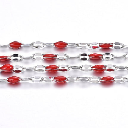 Red Enamel Dapped Silver Chain By the Foot - Stainless Steel
