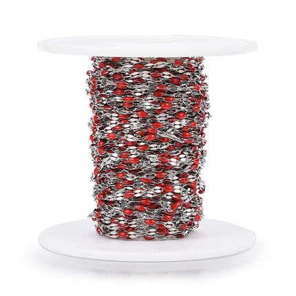 Red Enamel Dapped Silver Chain By the Foot - Stainless Steel
