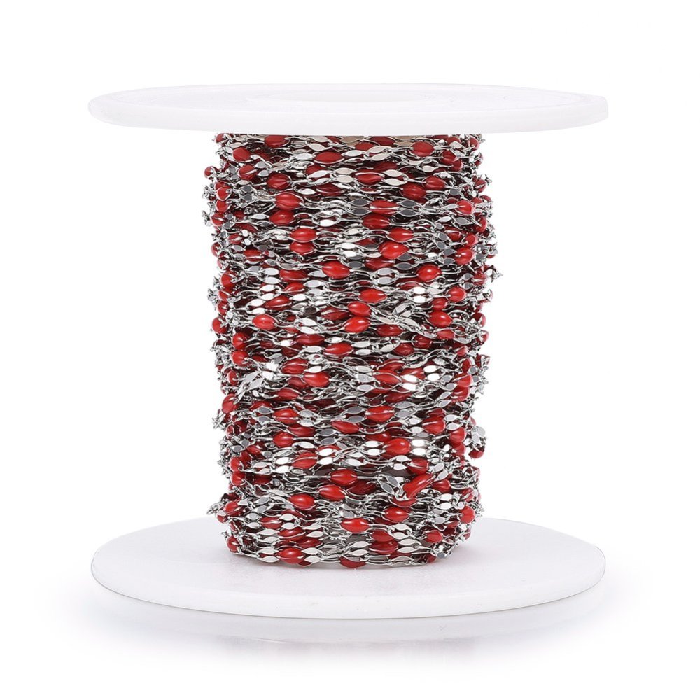 Red Enamel Dapped Silver Chain By the Foot - Stainless Steel