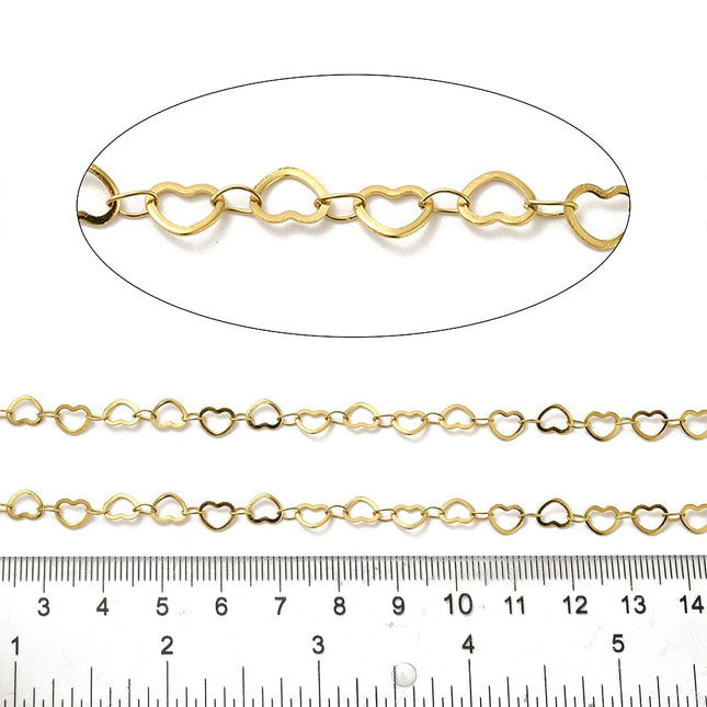 Gold Heart Link Chain By the Foot - Ion Plated Stainless Steel