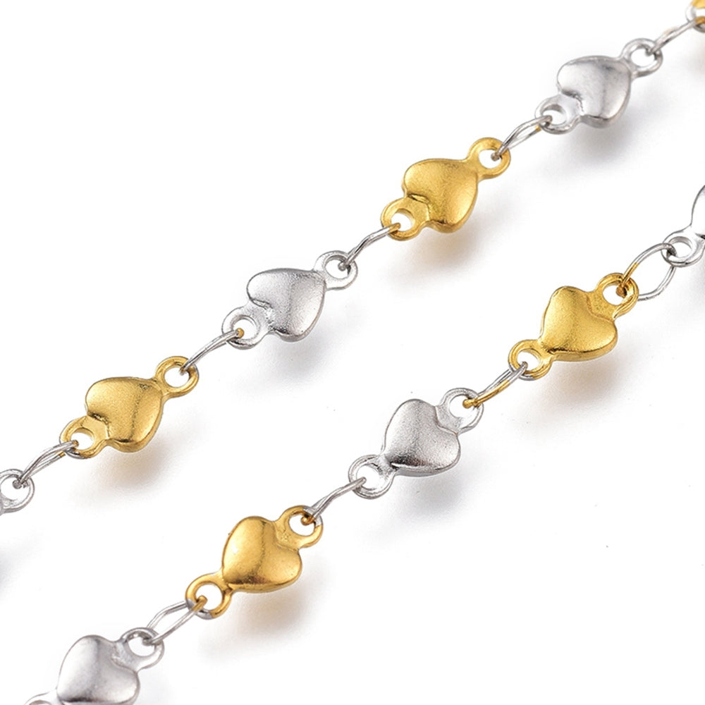 Mixed Metal Heart Link Chain By the Foot - Stainless Steel