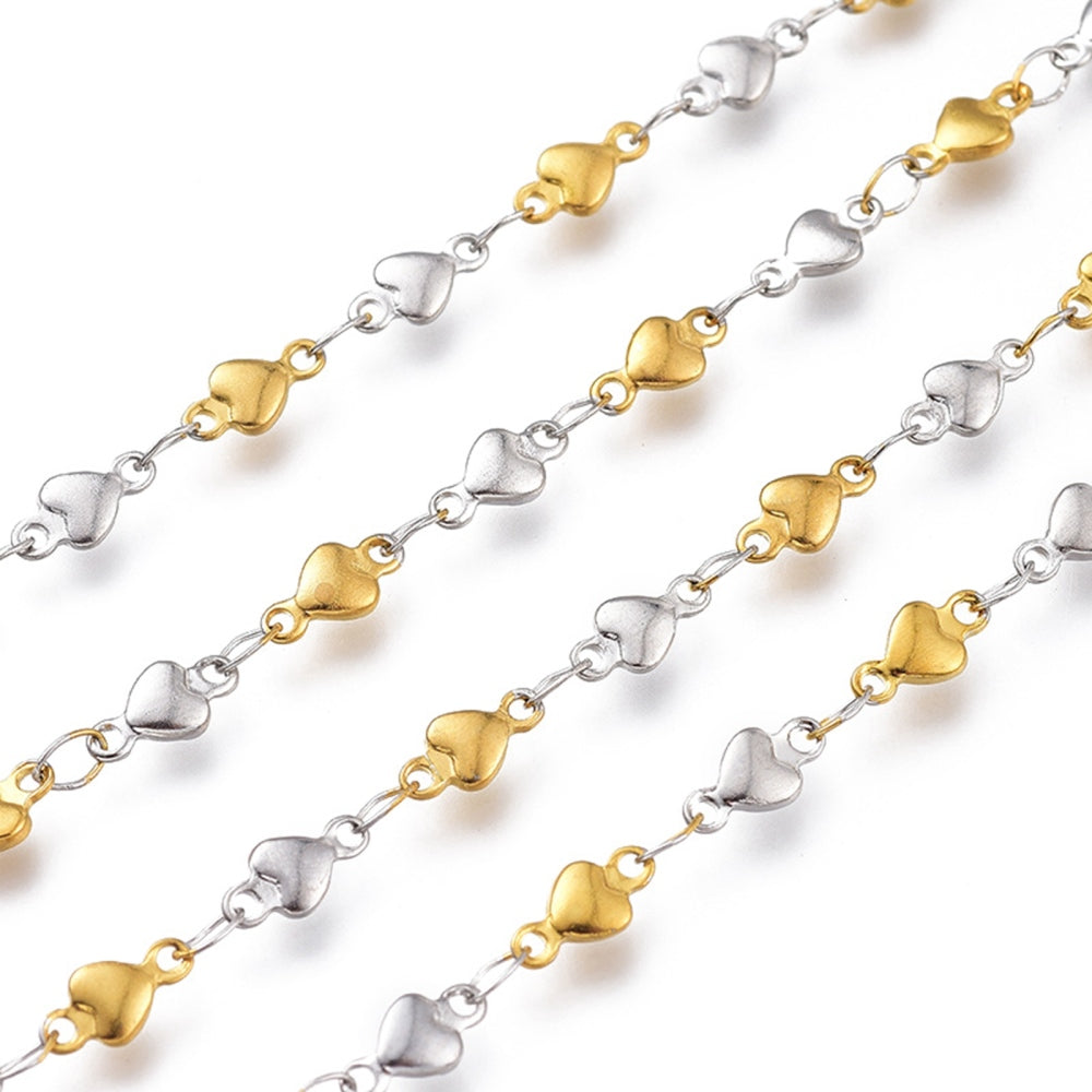 Mixed Metal Heart Link Chain By the Foot - Stainless Steel
