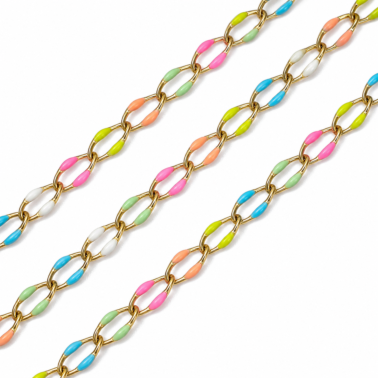 Pastel Rainbow Enamel Gold Link Chain By the Foot - Ion Plated Stainless Steel & Enamel