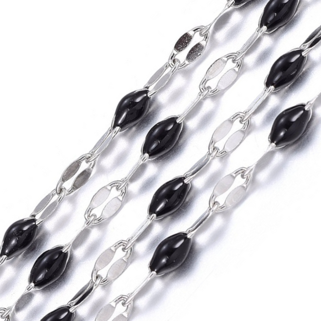 Black Enamel Dapped Silver Chain By the Foot - Stainless Steel
