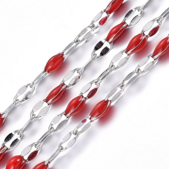 Red Enamel Dapped Silver Chain By the Foot - Stainless Steel