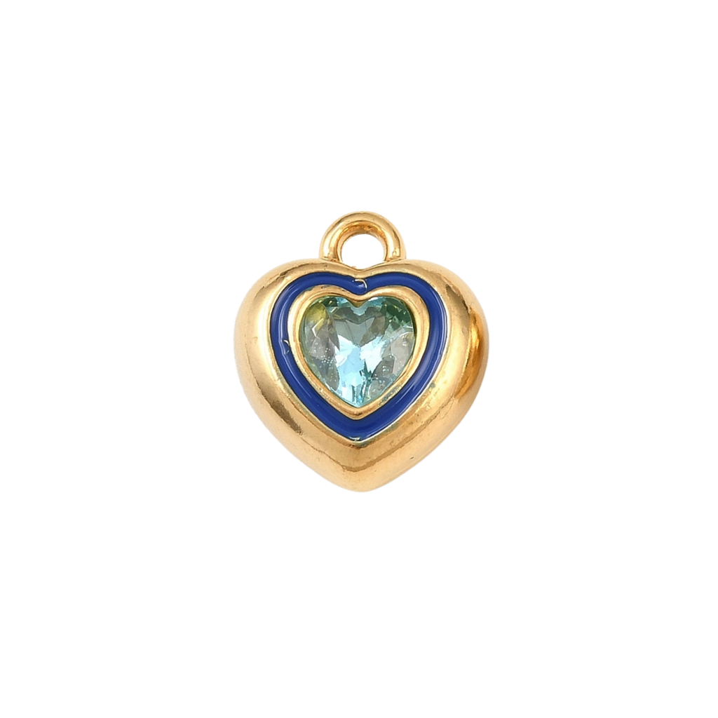 18k Gold PVD Stainless Steel Blue Rhinestone Heart Charm