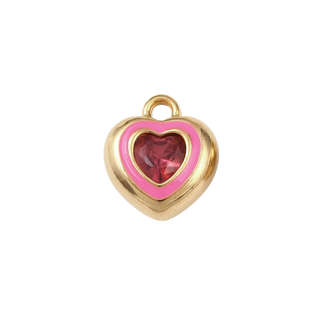 18k Gold PVD Stainless Steel Pink Rhinestone Heart Charm