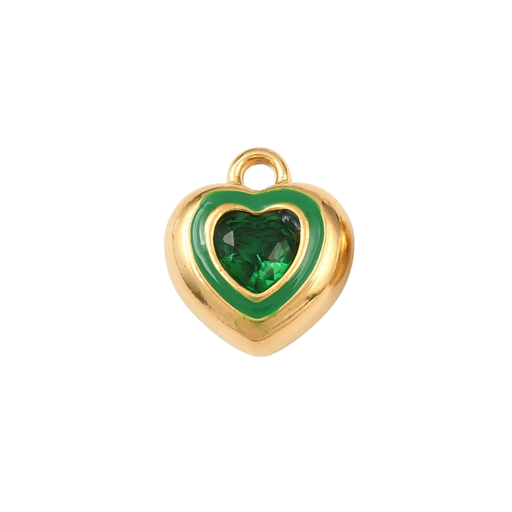 18k Gold PVD Stainless Steel Green Rhinestone Heart Charm