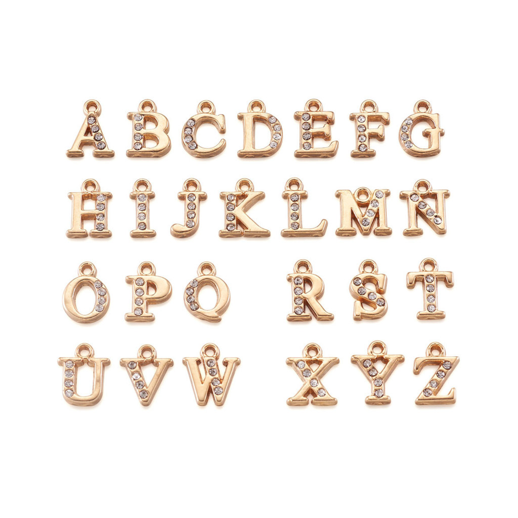 Gold Alloy Rhinestone Initial Letter Charm Full Set