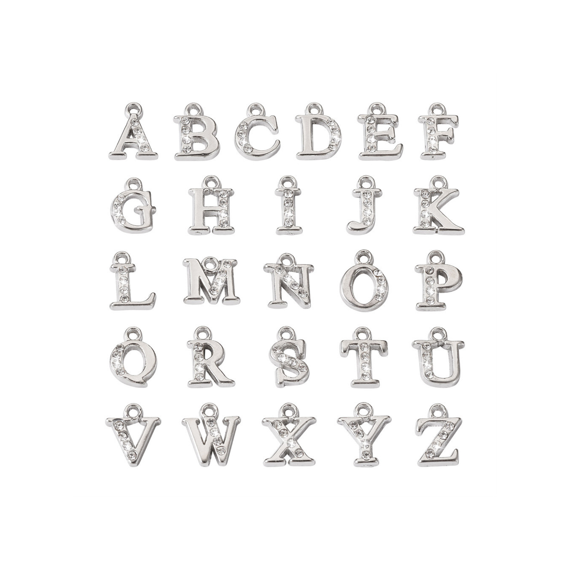 Silver Alloy Rhinestone Initial Letter Charm Full Set
