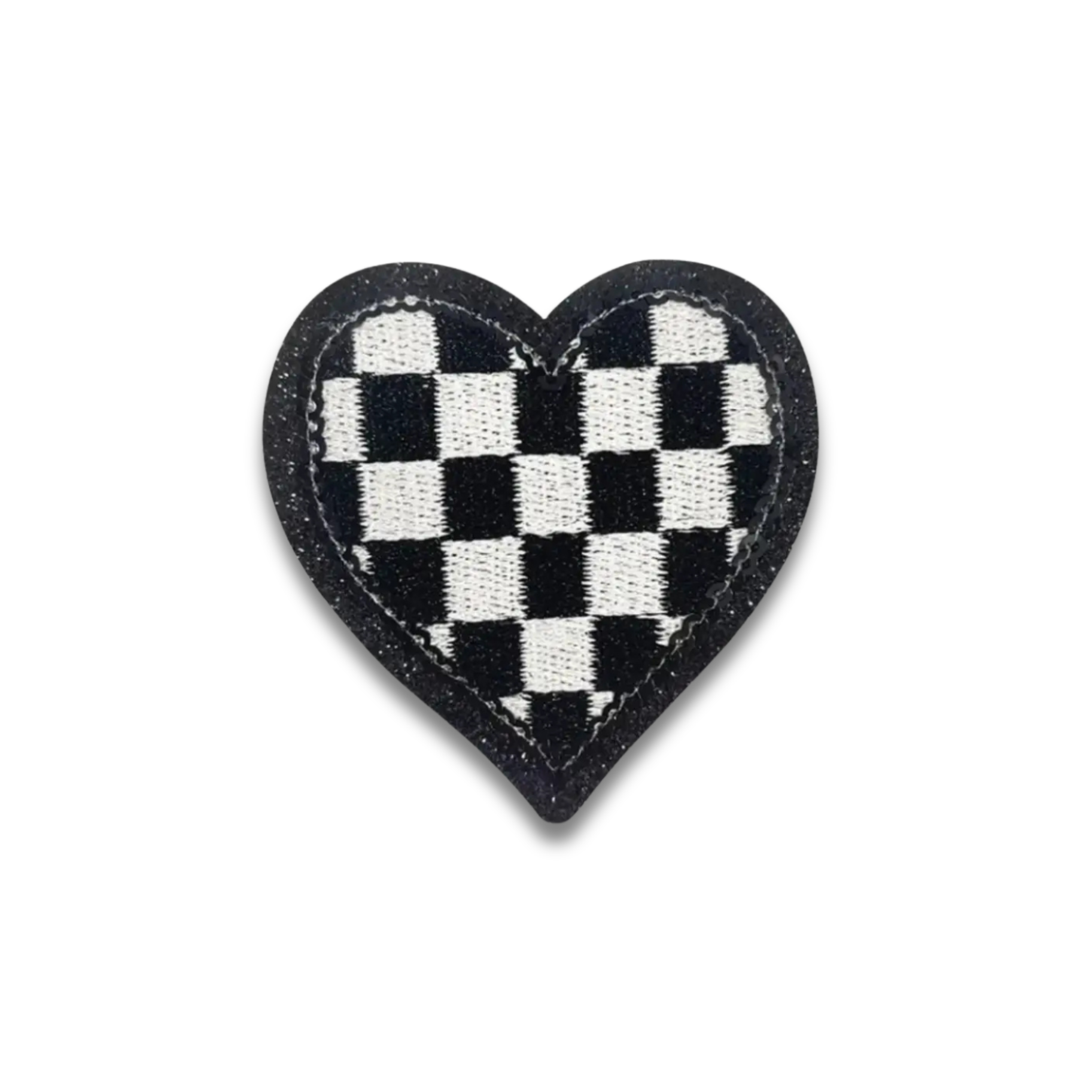 Black Checkered Heart Embroidered Patch - Iron-On Applique