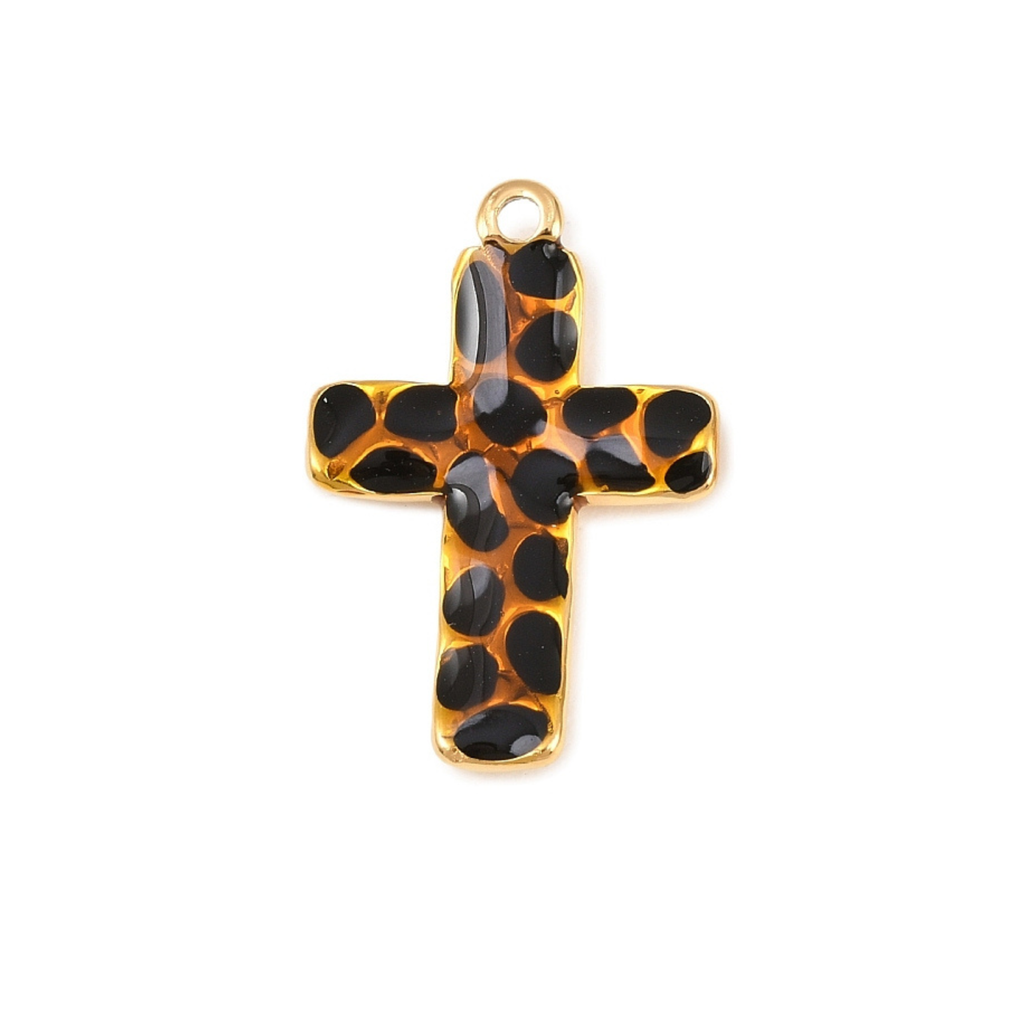 18k Gold Plated Stainless Steel Leopard Cross Charm