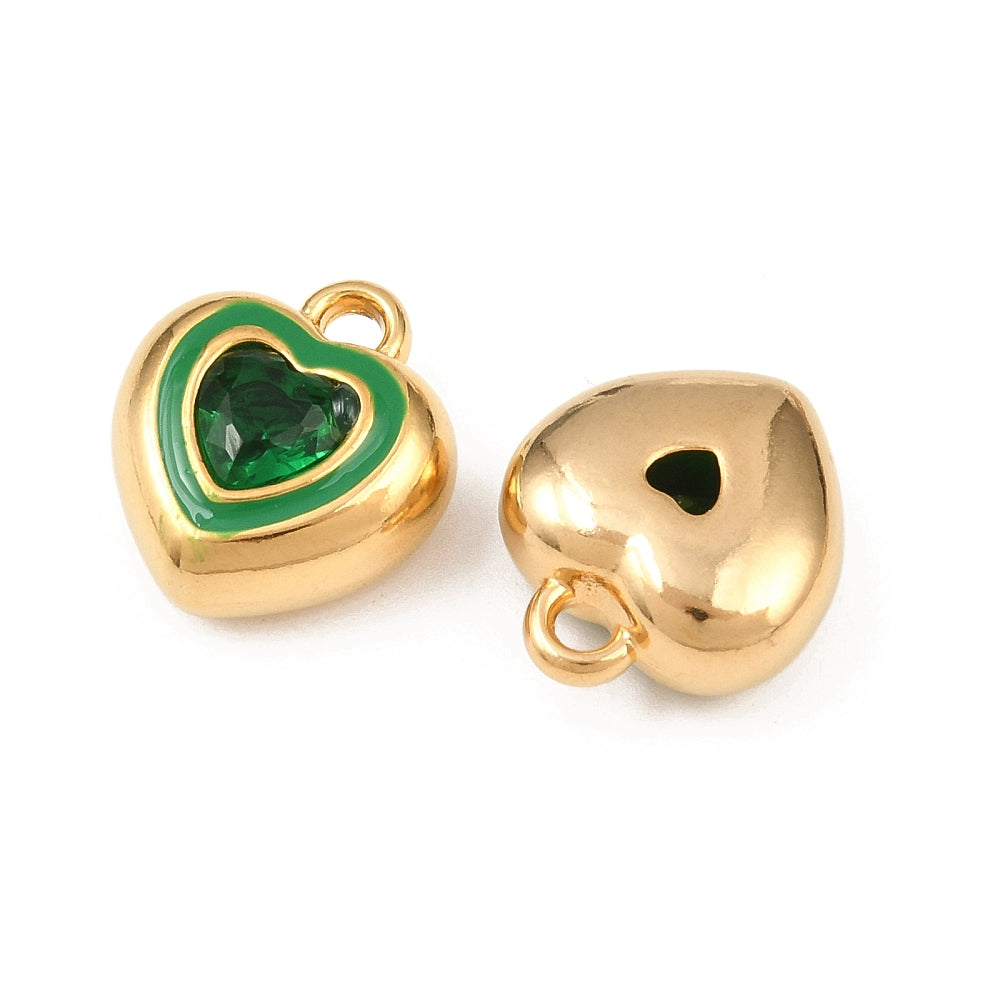 18k Gold PVD Stainless Steel Green Rhinestone Heart Charm
