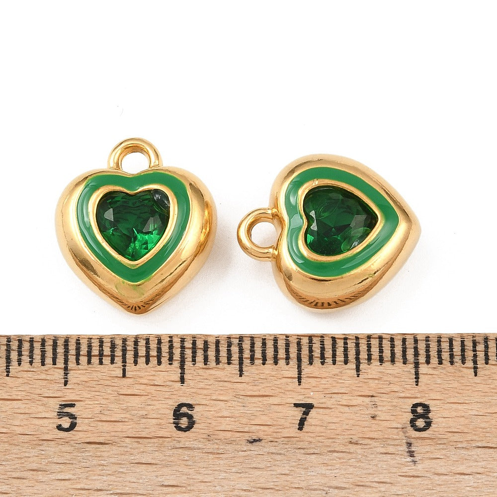 18k Gold PVD Stainless Steel Green Rhinestone Heart Charm