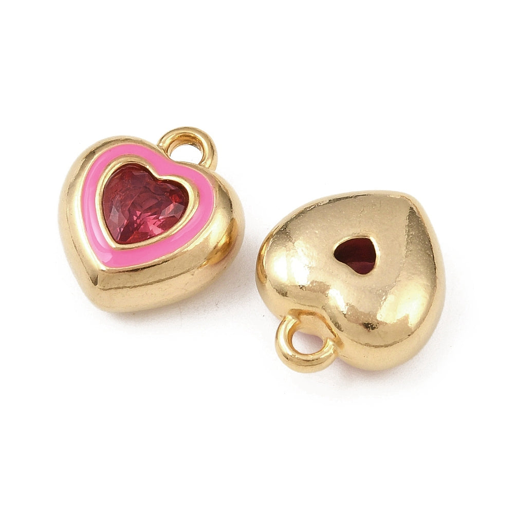 18k Gold PVD Stainless Steel Pink Rhinestone Heart Charm