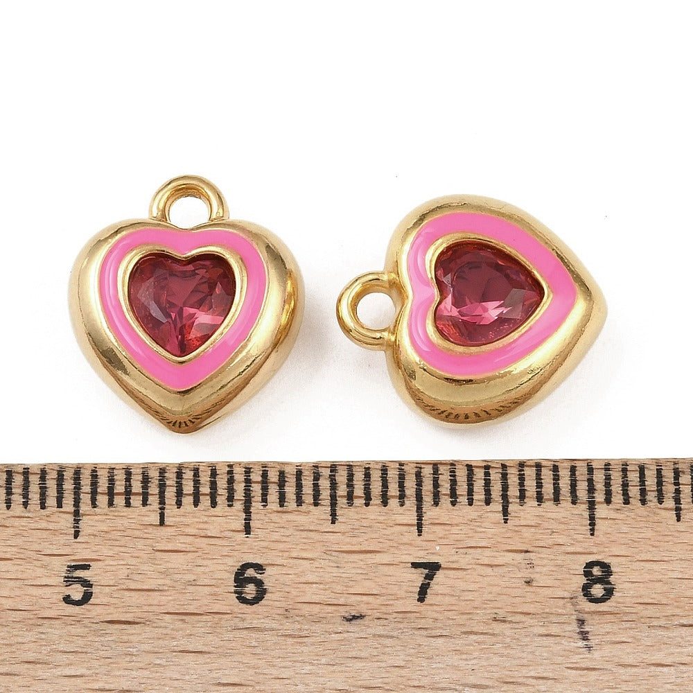 18k Gold PVD Stainless Steel Pink Rhinestone Heart Charm