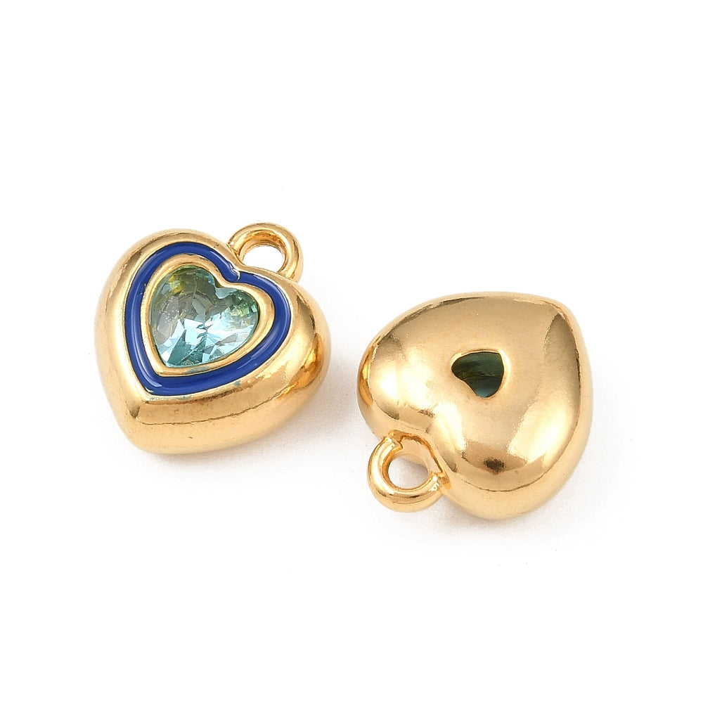 18k Gold PVD Stainless Steel Blue Rhinestone Heart Charm
