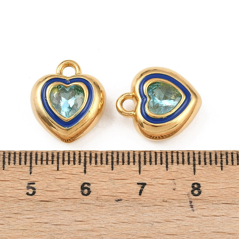 18k Gold PVD Stainless Steel Blue Rhinestone Heart Charm