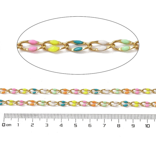 Pastel Rainbow Enamel Gold Link Chain By the Foot - Ion Plated Stainless Steel & Enamel