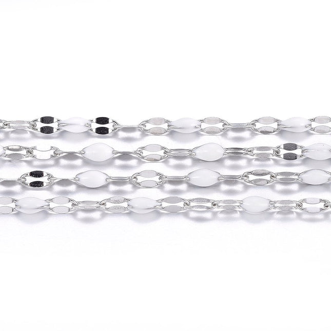 White Enamel Dapped Silver Chain By the Foot - Stainless Steel