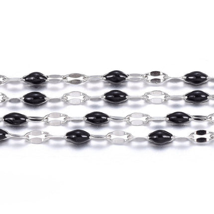 Black Enamel Dapped Silver Chain By the Foot - Stainless Steel
