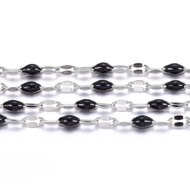 Black Enamel Dapped Silver Chain By the Foot - Stainless Steel
