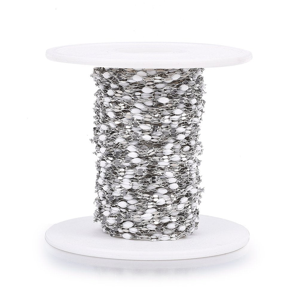 White Enamel Dapped Silver Chain By the Foot - Stainless Steel